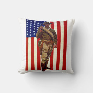 Vintage patriotischer Soldat mit amerikanischer Fl Kissen