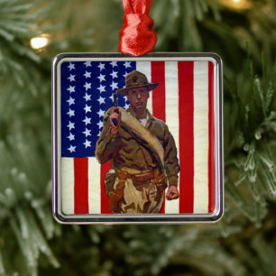 Vintage patriotischer Soldat mit amerikanischer Fl Ornament Aus Metall