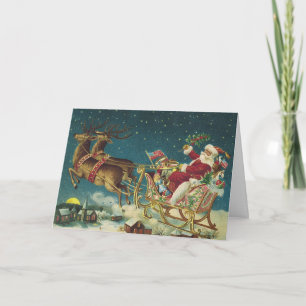 Vintage patriotischer Weihnachtsmann und Schlitten Feiertagskarte