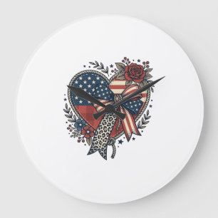 Vintage patriotisches Herz-Schleife-Blumen-Shirt-D Große Wanduhr