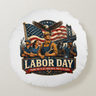 Vintage patriotisches Labor Day Adler-Arbeiter-Des Rundes Kissen