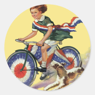 Vintage Patriotismus, Mädchen fährt ein patriotisc Runder Aufkleber