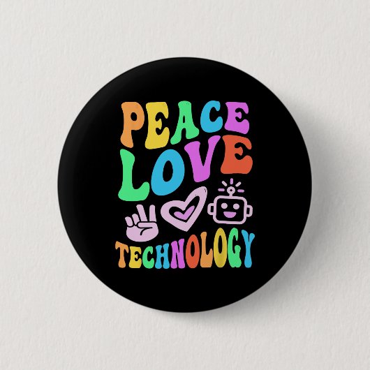 Vintage PEACE LIEBE TECHNOLOGIE Retro Computerunte Button (Vorderseite)