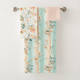 Vintage Peach and Mint Butterfly Watercolor Badhandtuch Set