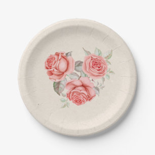 Vintage Peach Coral Rose Grüne Blätter Hochzeit Pappteller