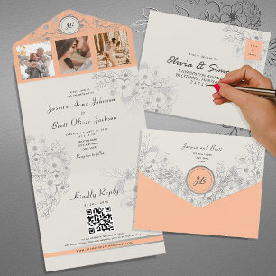 Vintage Peach Floral Wedding All In One Einladung
