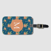 Vintage Peach Flower Pattern Dark Blue Monogram Gepäckanhänger (Vorderseite (Horizontal))