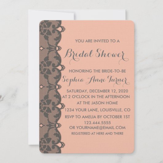 Vintage Peach Gray Lace Bridal Dusche Einladung (Vorderseite)