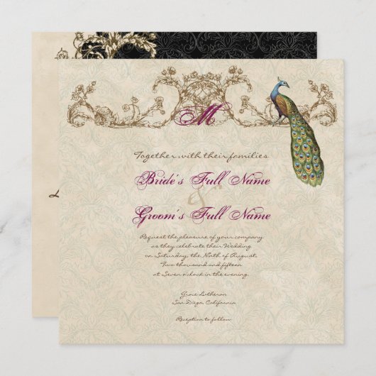 Vintage Peacock & Etchings Wedding Einladung (Vorne/Hinten)
