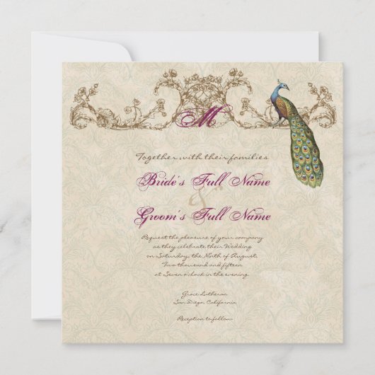 Vintage Peacock & Etchings Wedding Einladung (Vorderseite)