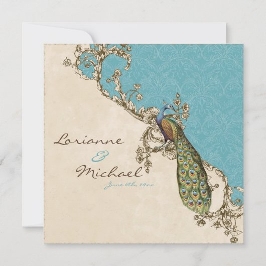 Vintage Peacock & Etchings Wedding Einladung (Rückseite)