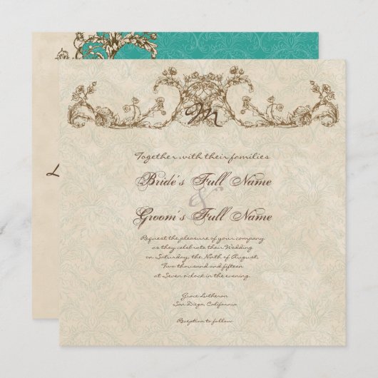 Vintage Peacock & Etchings Wedding Einladung (Vorne/Hinten)