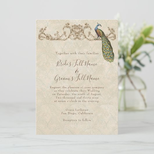 Vintage Peacock & Etchings Wedding Einladung (Stehend Vorderseite)