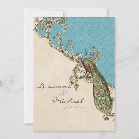 Vintage Peacock & Etchings Wedding Einladung (Rückseite)