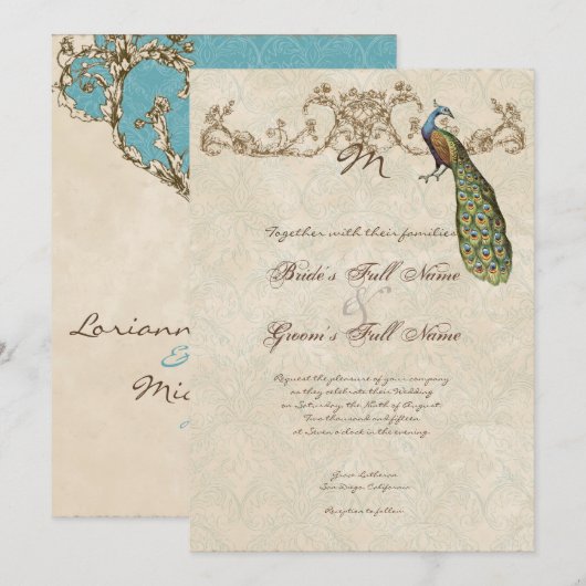 Vintage Peacock & Etchings Wedding Einladung (Vorne/Hinten)