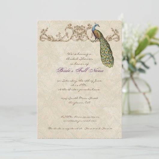 Vintage Peacock & Etchings Wedding Einladung (Stehend Vorderseite)