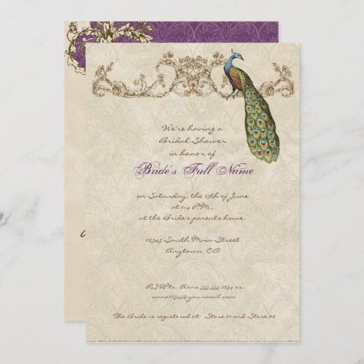 Vintage Peacock & Etchings Wedding Einladung (Vorne/Hinten)