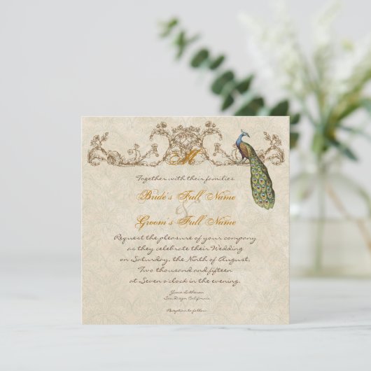 Vintage Peacock & Etchings Wedding Einladung (Stehend Vorderseite)