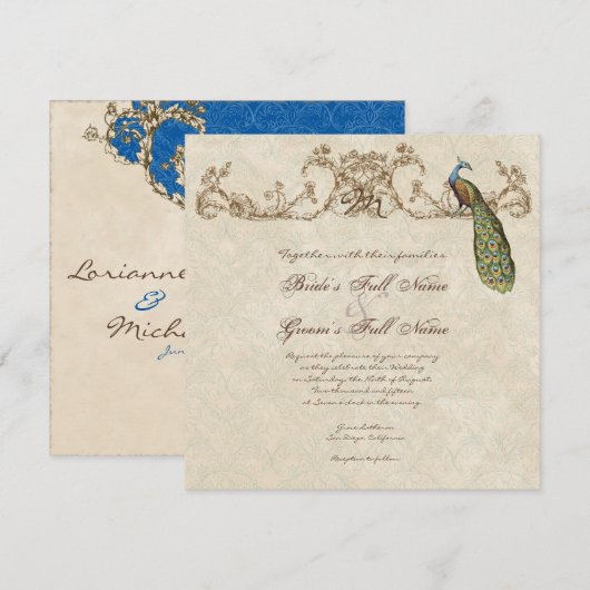 Vintage Peacock & Etchings Wedding Einladung (Vorne/Hinten)