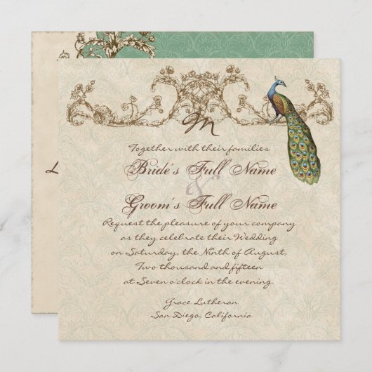 Vintage Peacock & Etchings Wedding Einladung (Vorne/Hinten)