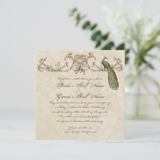 Vintage Peacock & Etchings Wedding Einladung (Stehend Vorderseite)
