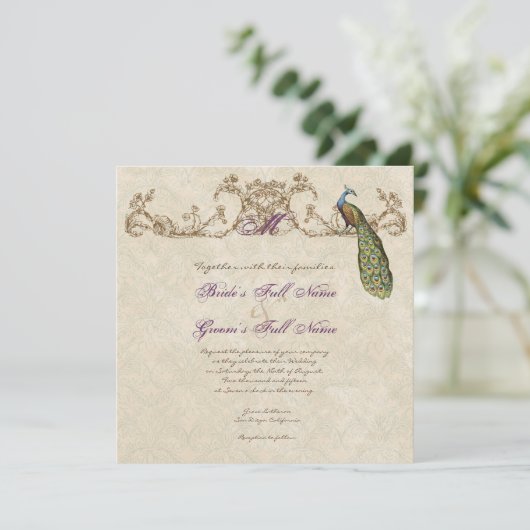 Vintage Peacock & Etchings Wedding Einladung (Stehend Vorderseite)