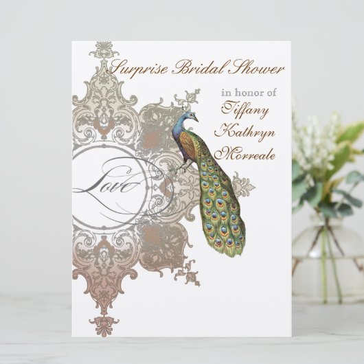 Vintage Peacock & Etchings Wedding Einladung (Stehend Vorderseite)