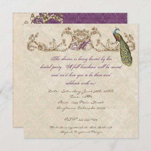 Vintage Peacock & Etchings Wedding Einladung (Vorne/Hinten)
