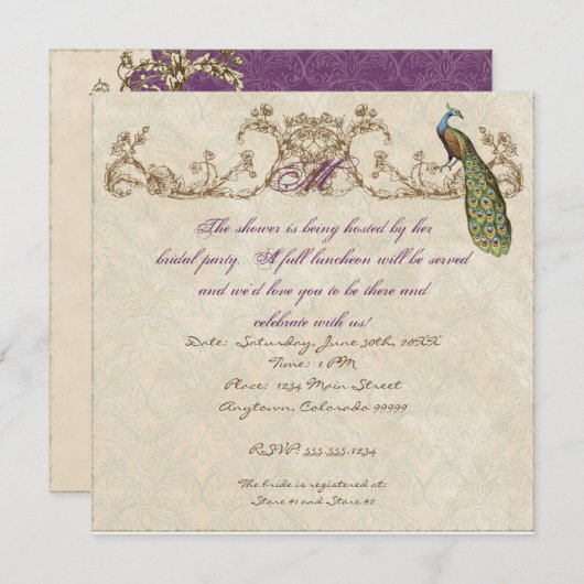 Vintage Peacock & Etchings Wedding Einladung (Vorne/Hinten)