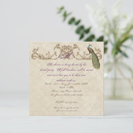 Vintage Peacock & Etchings Wedding Einladung (Stehend Vorderseite)
