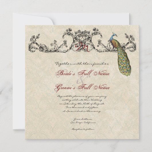 Vintage Peacock & Etchings Wedding Einladung (Vorderseite)
