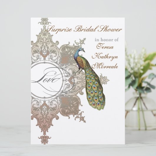 Vintage Peacock & Etchings Wedding Einladung (Stehend Vorderseite)