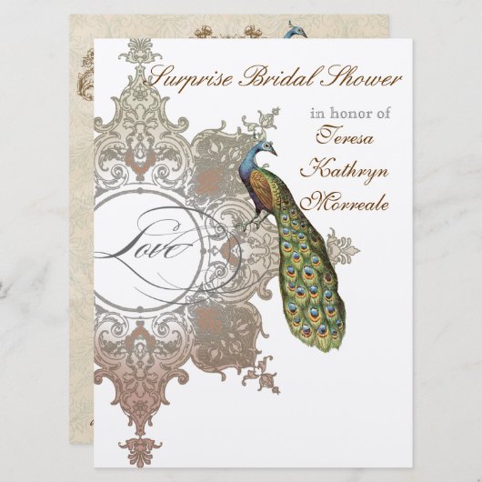 Vintage Peacock & Etchings Wedding Einladung (Vorne/Hinten)