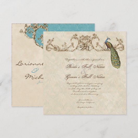 Vintage Peacock & Etchings Wedding Einladung (Vorne/Hinten)
