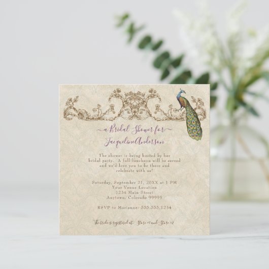 Vintage Peacock & Etchings Wedding Einladung (Stehend Vorderseite)