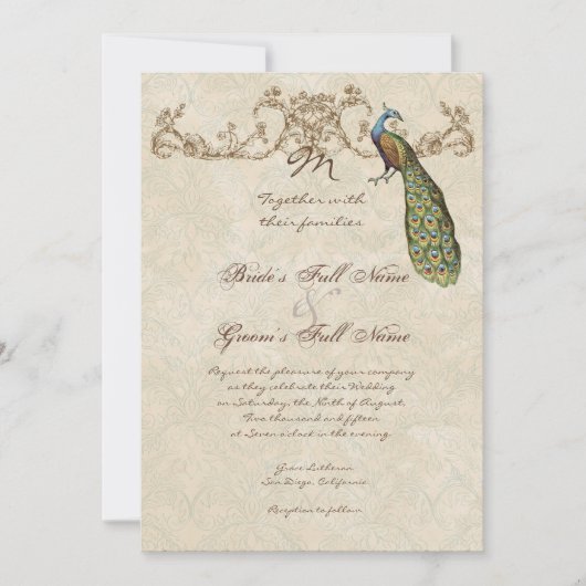 Vintage Peacock & Etchings Wedding Invitation Einladung (Vorderseite)