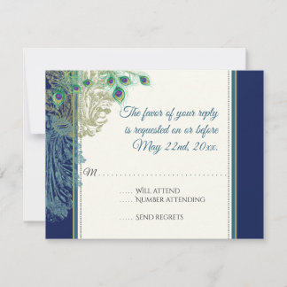 Vintage Peacock Feathers Navy Blue UAWG response RSVP Karte