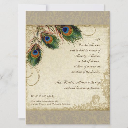 Vintage Peacock Feathers Silver Brautparty Einladung (Rückseite)