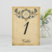 Vintage Peacock Monogram Wedding Tischnummer (Stehend Vorderseite)