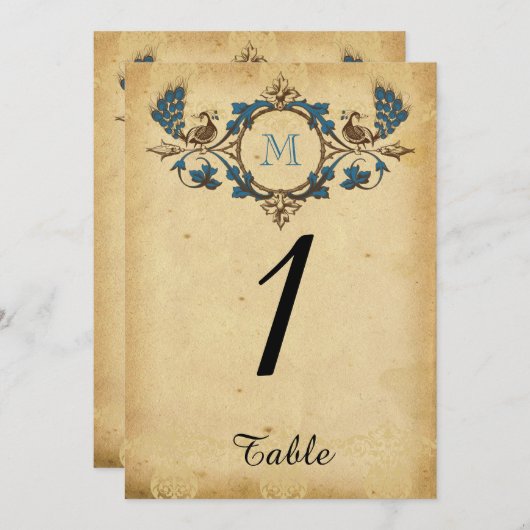 Vintage Peacock Monogram Wedding Tischnummer (Vorne/Hinten)