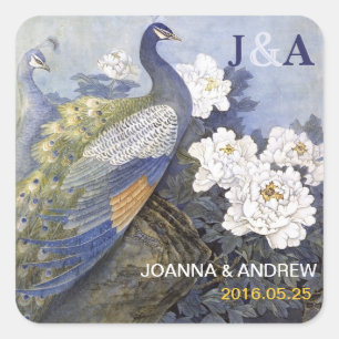 Vintage Peacock Pair Peony Blossoms Gastgeschenke  Quadratischer Aufkleber