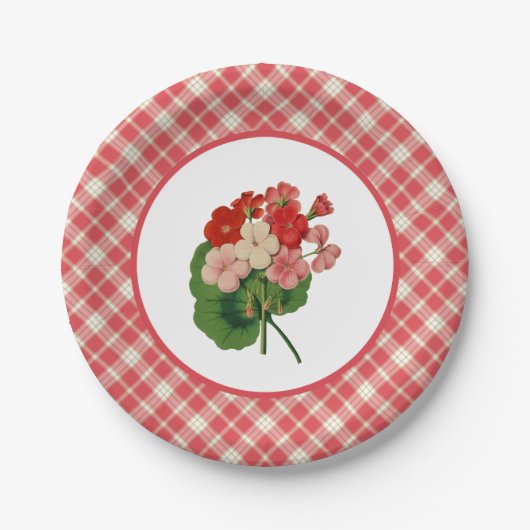 Vintage Pelargonien mit korallenrotem rosa Pappteller (Vorderseite)
