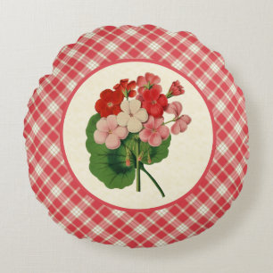 Vintage Pelargonien mit rosa kariertem rundem Rundes Kissen