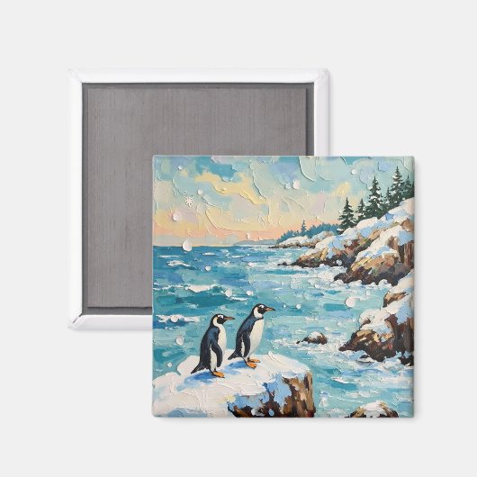 Vintage Penguins on Snowy Coastal Christmas Cliff Magnet (Vorderseite/Rückseite)
