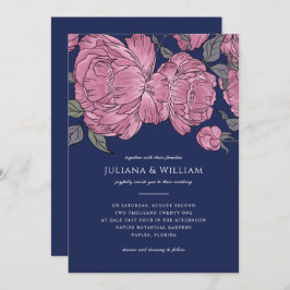 Vintage Peonies Hochzeit Einladung in Blau