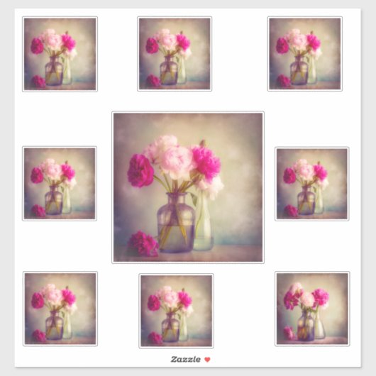 Vintage Peony Bouquet in Glass Vases Aufkleber (Blatt)