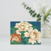 Vintage Peonys auf blau Postkarte (Stehend Vorderseite)