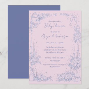 Vintage Periwinkle Blau & Rosa Babyparty Einladung
