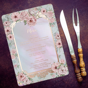 Vintage Periwinkle Pfingstrosen-Hochzeitsmenükarte Folieneinladung