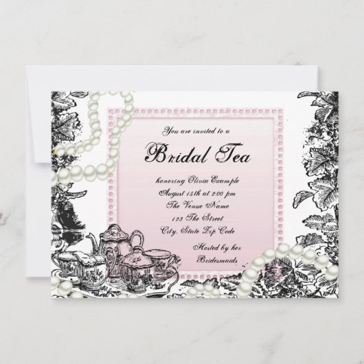 Vintage Perlen und rosa Bridal Tee Einladung (Vorderseite)